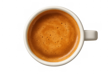 Espresso coffee cup with rich brown crema from top view, hot morning beverage, isolated with transparent background