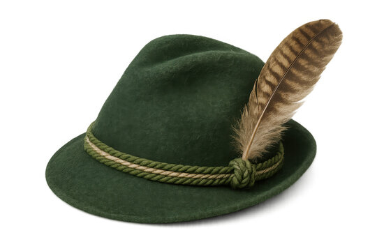 Green felt german alpine hat, known as a gamsbart or trachtenhut, featuring a decorative feather. Transparent background