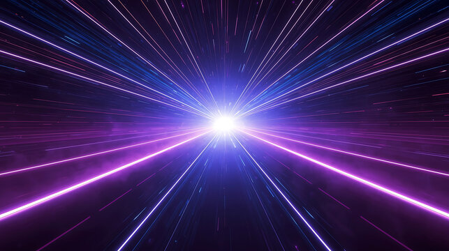 Abstract hyperspace jump background with neon light rays shining and traveling through space