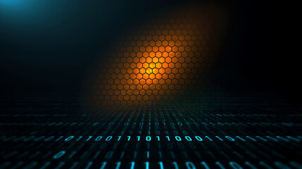 Abstract Technology Background with Binary Code and Glowing Hexagonal Pattern for Digital Innovation