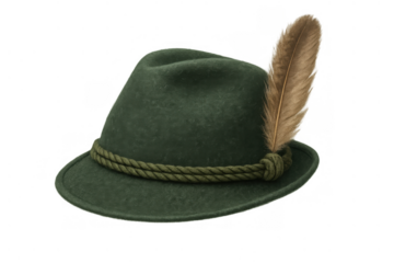 Green felt tyrolean hat with brown feather and braided cord isolated on transparent background
