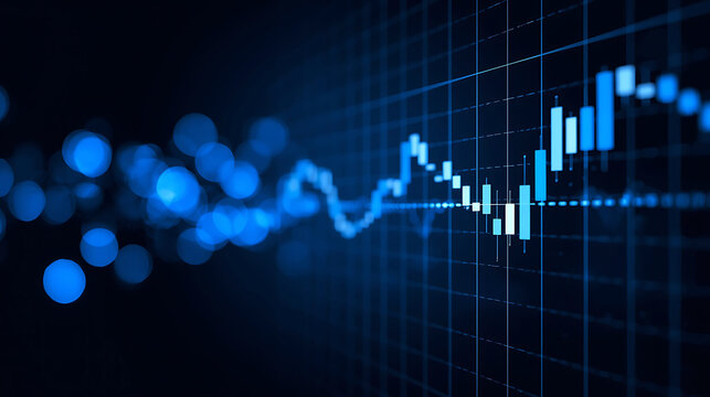 Blue glowing stock market chart with trend line and bokeh effect background