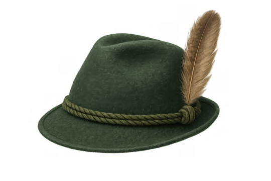 Green felt tyrolean hat with brown feather and braided cord isolated on transparent background - Powered by Adobe