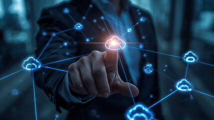 Cloud Computing and Network Technology Man Pointing Finger at Digital Interface with Cloud Icons