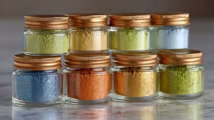 Eight small glass jars filled with colorful powdered pigments, golden lids, marble surface