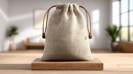 Fabric drawstring pouch on wood block, blurred bright minimalist interior background