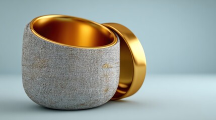 Elegant round gray textured container with shiny gold interior and lid. Soft background