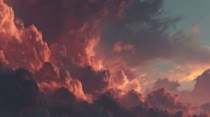 Expansive sky with thick, textured clouds illuminated by a warm, colorful sunset light