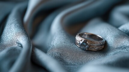 Elegant silver ring with a clear gem rests on luxurious blue-gray silk fabric folds