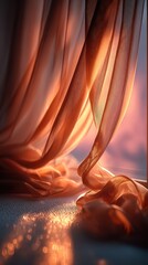 Flowing sheer bronze curtains draped at window, bathed in golden light, sparkling floor