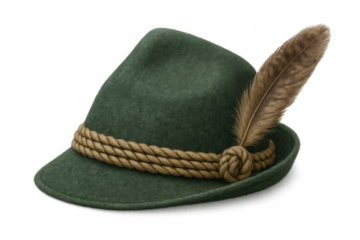 Traditional alpine hat with feather and rope trim, representing bavarian culture, german customs, and oktoberfest fashion
