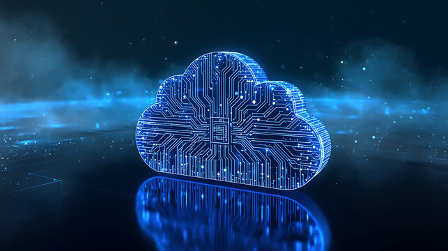 Cloud computing concept with circuit board pattern and reflection on dark background representing data storage
