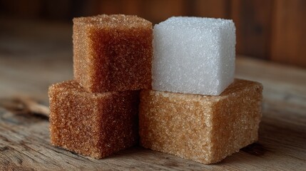 Four sugar cubes, a white one atop three brown, stacked on a rustic wooden surface