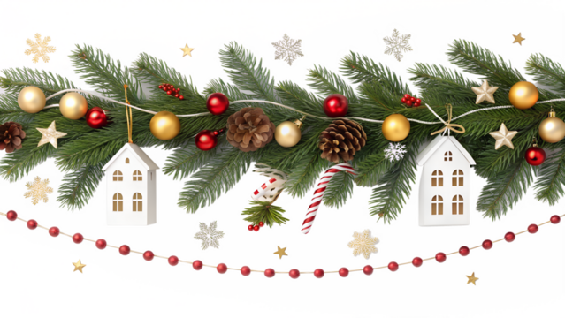 Christmas evergreen garland with festive red and gold ornaments, pinecones, small white houses, and snowflakes creates a decorative border, isolated on a transparent background.
