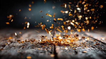 Golden confetti pieces falling onto a dark, textured wooden surface, blurred background