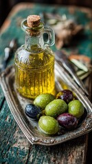 Golden olive oil bottle with a cork, fresh green and black olives on a rustic silver tray