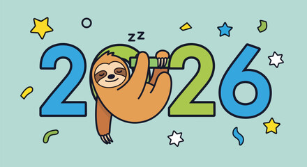 Naklejka premium A cartoon sloth sleeps on the number 0 in the year 2026, surrounded by stars and confetti.