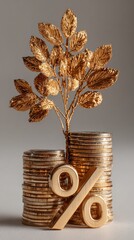 Golden metallic sapling emerges from two stacks of coins with a percentage symbol