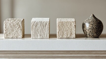 Four textured stone sculptures, three pale blocks, one dark speckled teardrop, on a white shelf