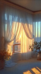 Golden morning sun illuminates sheer white curtains in a tranquil bright room