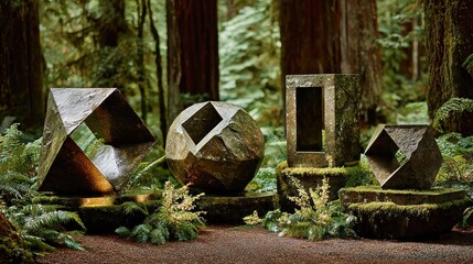 Four geometric, textured sculptures with cutouts sit on mossy bases in a deep forest