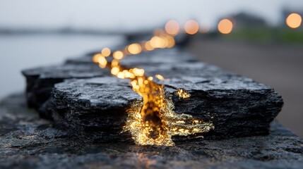 Gold-filled crack in dark stone, with a trail of glowing bokeh lights extending into distance