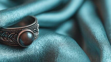 Intricate silver ring with dark round stone cabochon on softly draped teal fabric