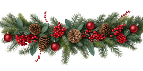 An isolated festive Christmas garland displays frosted green pine needles, vibrant red berries, natural pine cones, and glossy red ornaments.