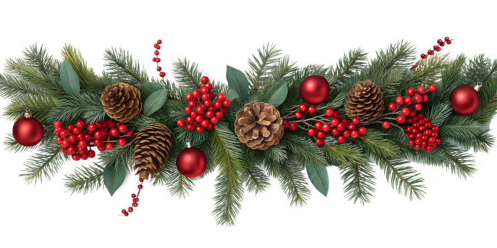 An isolated festive Christmas garland displays frosted green pine needles, vibrant red berries, natural pine cones, and glossy red ornaments.
