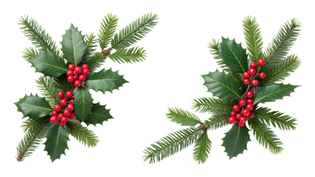 Two elegant arrangements of fresh green pine needles and vibrant holly leaves with bright red berries form classic holiday decorations.