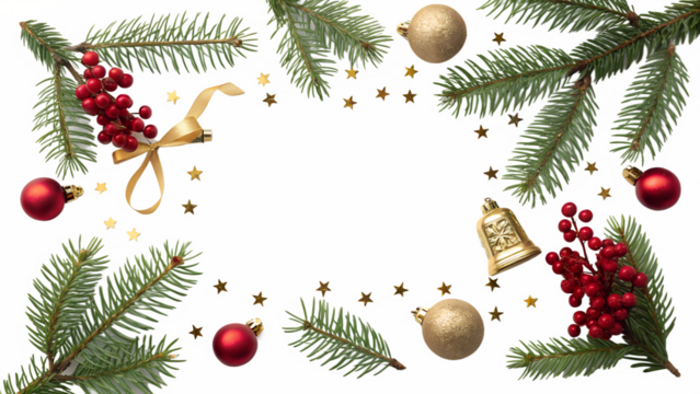 Christmas decoration frame with green branches, red berries, golden bells, and shiny baubles, carefully arranged and isolated on a transparent backdrop.