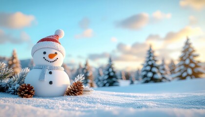 Obraz premium Winter wonderland cheerful snowman surrounded by pine trees scenic landscape calm environment daytime view