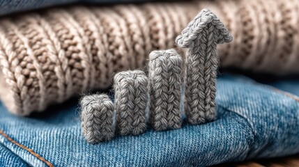 Handmade knitted gray bar graph with an upward arrow on blue denim, textured background