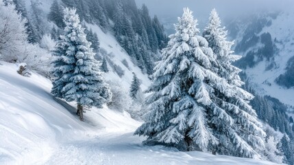 Heavily snow-laden evergreen trees line a winter mountain path with distant white peaks
