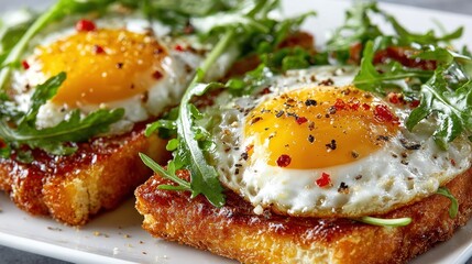 Golden toast topped with sunny-side-up eggs, arugula, and seasoning on a white plate