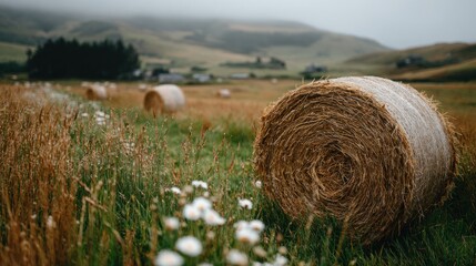 Large hay bale in golden harvest field with wildflowers; misty hills in distance