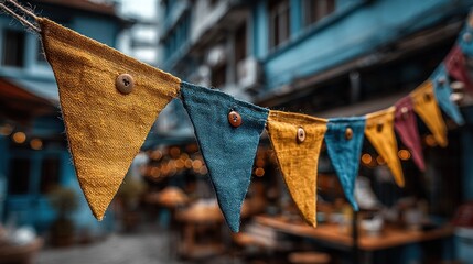 Handmade yellow and blue fabric bunting flags with buttons decorate a blurred urban street
