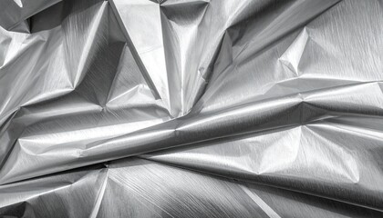Abstract crumpled silver foil texture background with shiny metallic surface and sharp creases, perfect for modern design elements and overlays.