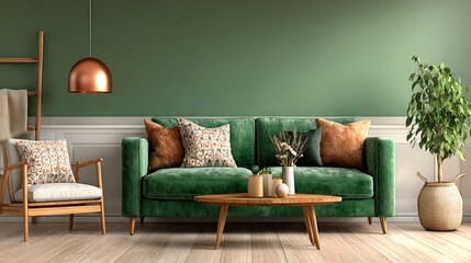 Inviting green living room with plush sofa, warm wood furniture, and a houseplant