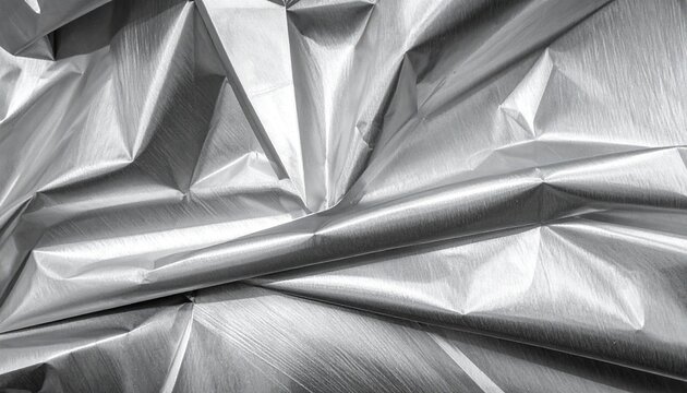 Abstract crumpled silver foil texture background with shiny metallic surface and sharp creases, perfect for modern design elements and overlays.