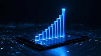 Futuristic bar graph on tablet symbolizing growth and success in the digital age