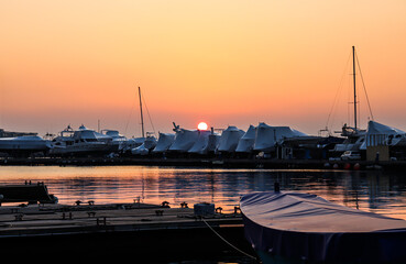 Vladivostok in the evening. Embankment at sunset.