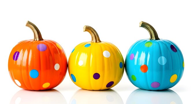 Three colorful pumpkins with polka dots in a row on a white background for halloween or thanksgiving