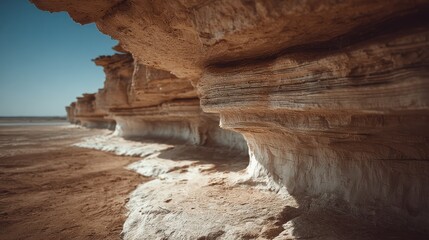 Layered sandstone cliffs cast shadows on a vast, arid desert landscape under a clear sky