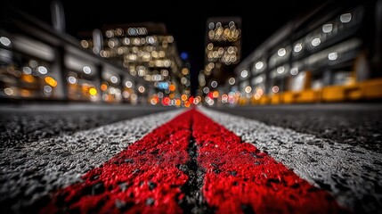 Low-angle view of a city road with prominent red line, out-of-focus city lights at night