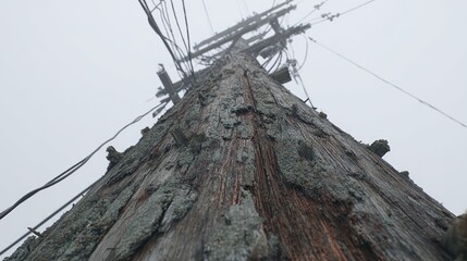 Low-angle view of a weathered wooden utility pole, many wires, against a foggy gray sky