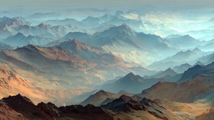 Layered mountain peaks receding into a misty horizon, bathed in warm and cool light