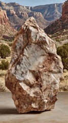 Large textured rock stands on a surface with a scenic, arid canyon landscape background