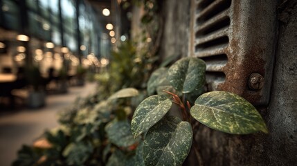 Lush green vine leaves cling to rusty metal vent; blurred modern interior beyond