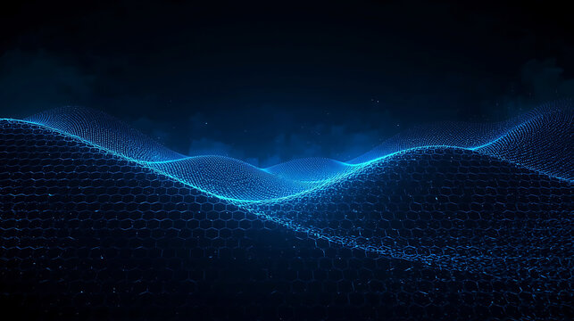 Futuristic Blue Digital Landscape with Hexagonal Mesh for Technology Backgrounds and Creative Design Projects